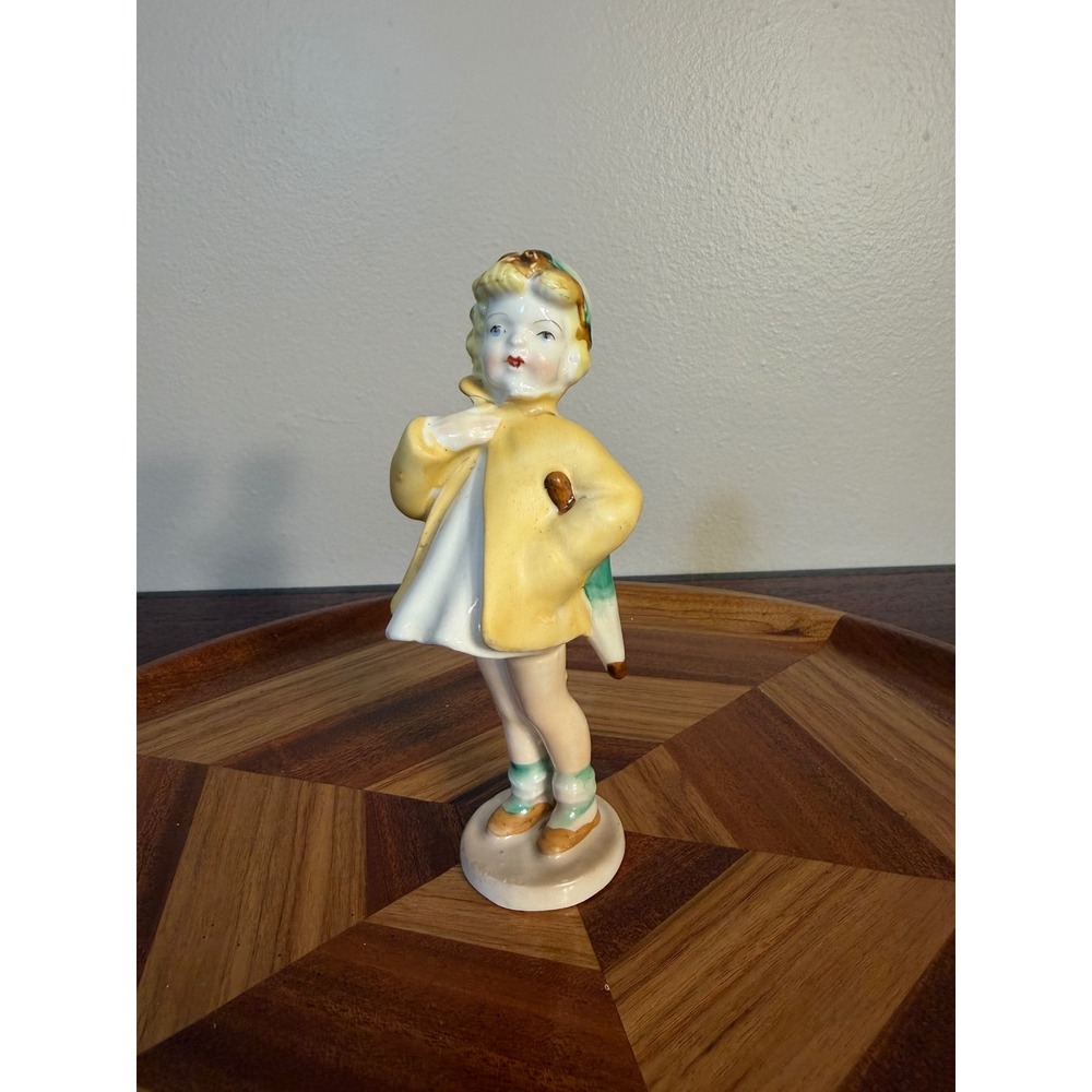 Vintage Porcelain Girl Figurine Yellow Coat Green Hat Hummel Style 5 Inch
